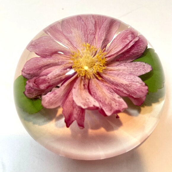 Pressed Pink Flower Paperweight by W. Rolfe Lucite Sphere Encasing Real Flower & - Picture 2 of 9